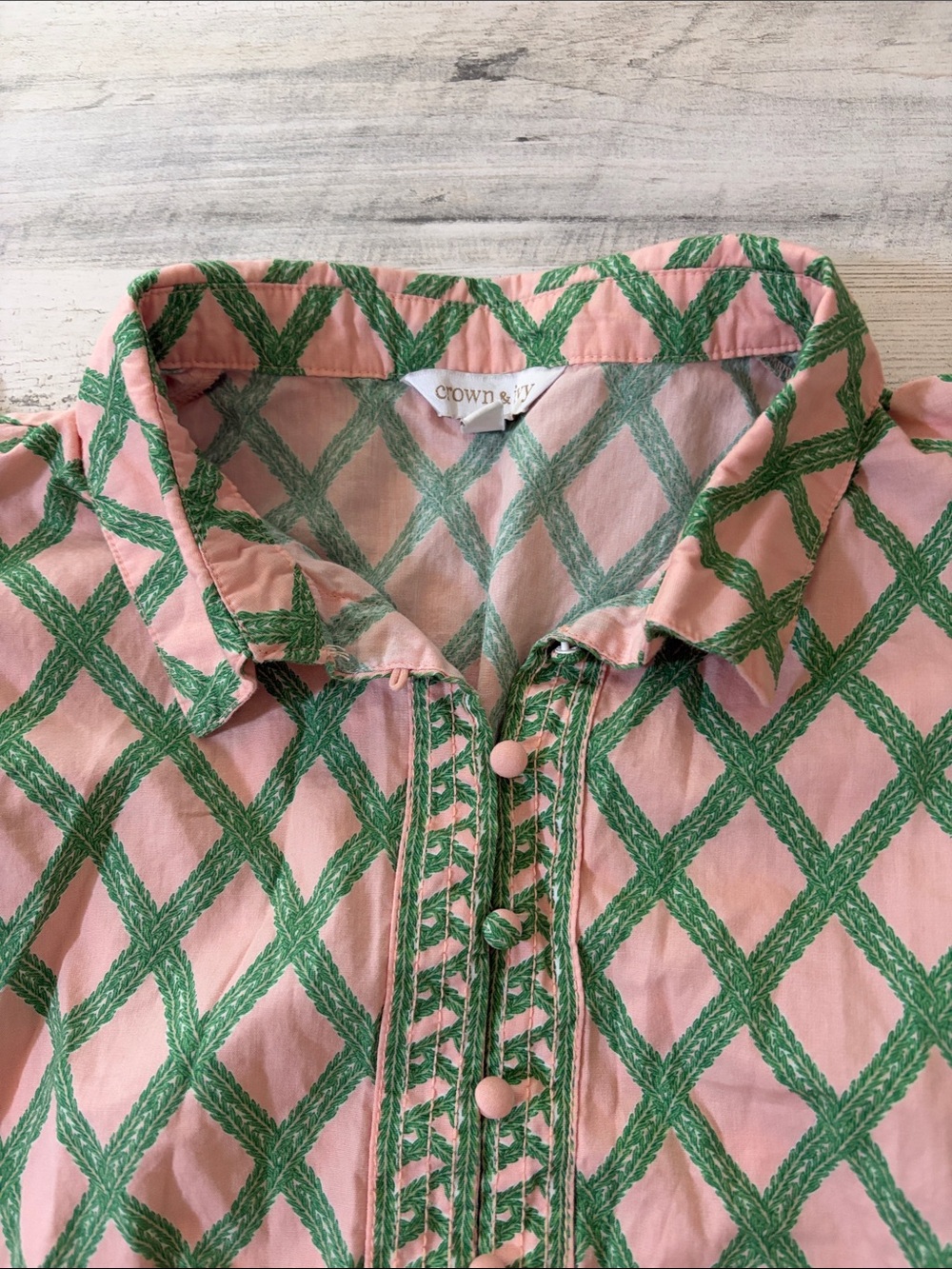 crown & ivy Pink Button-Front Top with Green Lattice - Picture 3 of 9